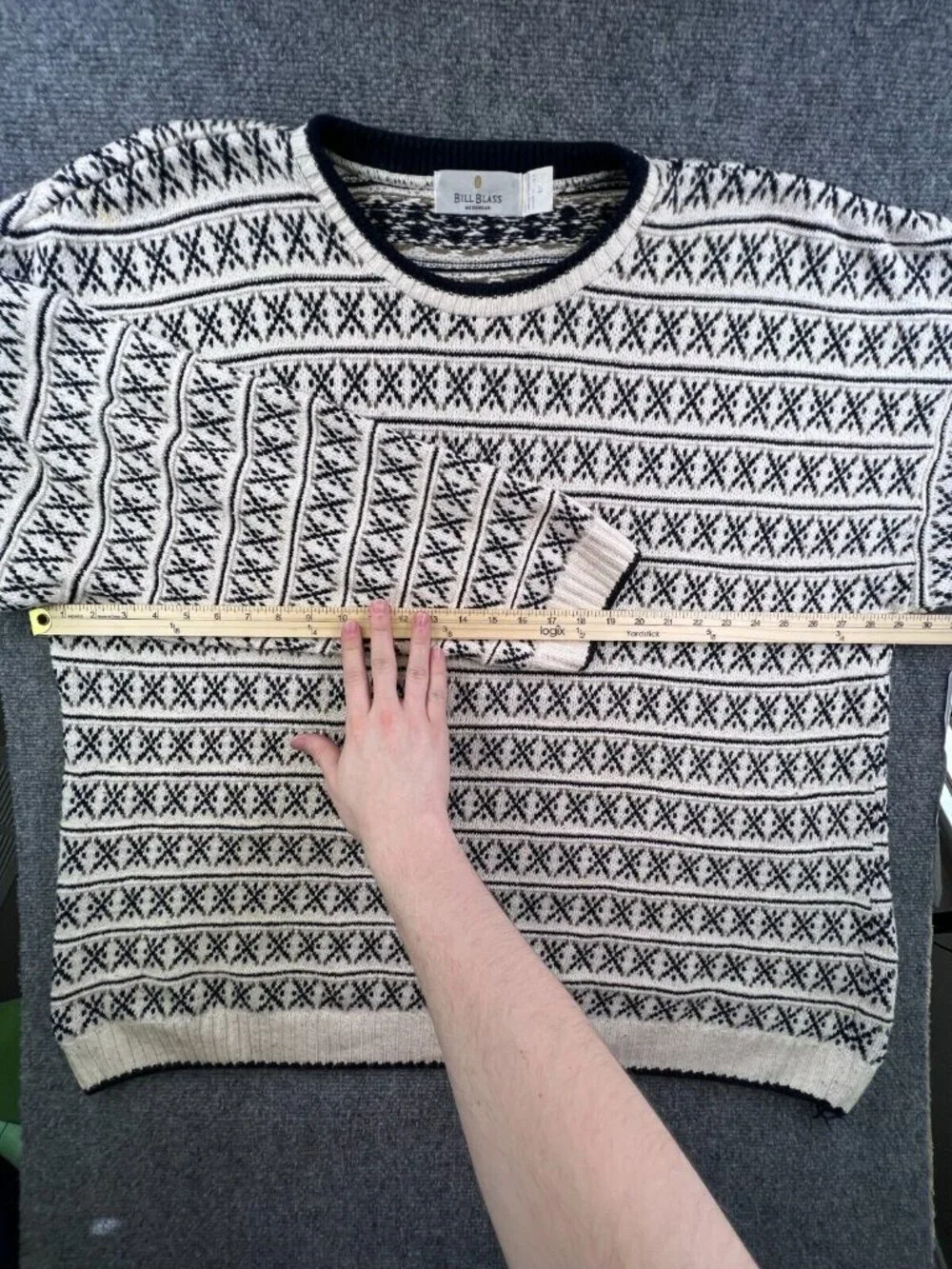 VTG Bill Blass Sweater Fair Isle Hand Framed USA Grandpa Blue White XL (1X) Men